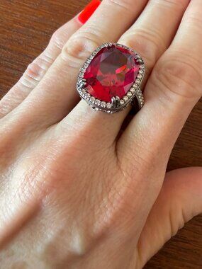NIB HUGE 14ct Jean Dousset Feather Sterling Silver 925 Ruby Red Statement Ring